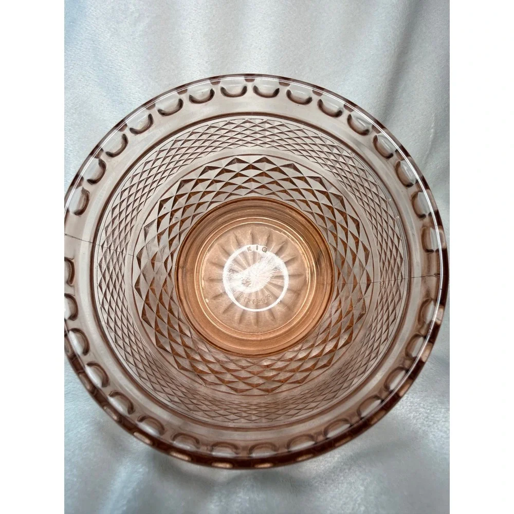 KIG Indonesia Pink Glass Bowl Diamond Point Textured Scalloped Footed Dish